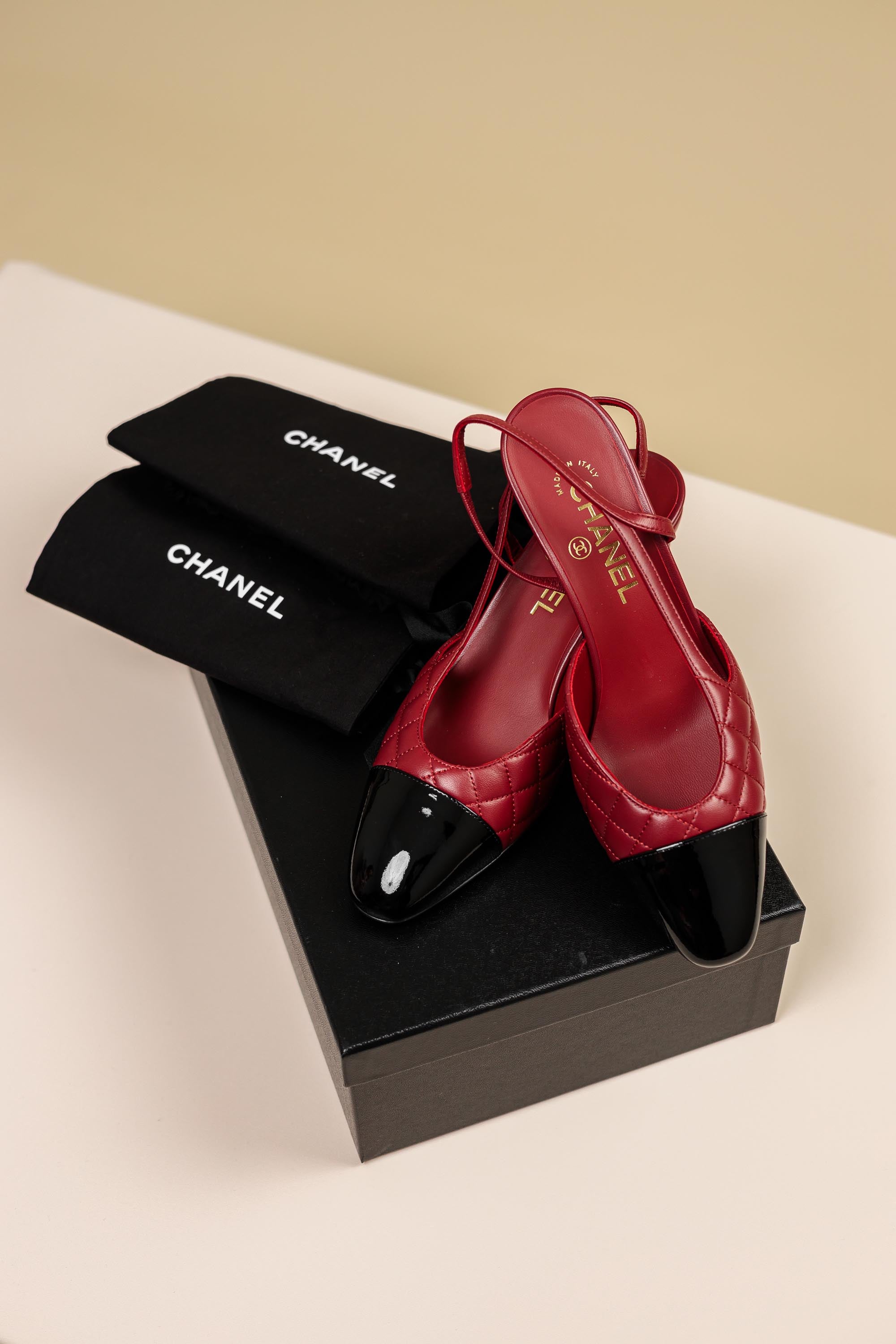 Chanel Quilted Leather Slingback Pumps Red & Black