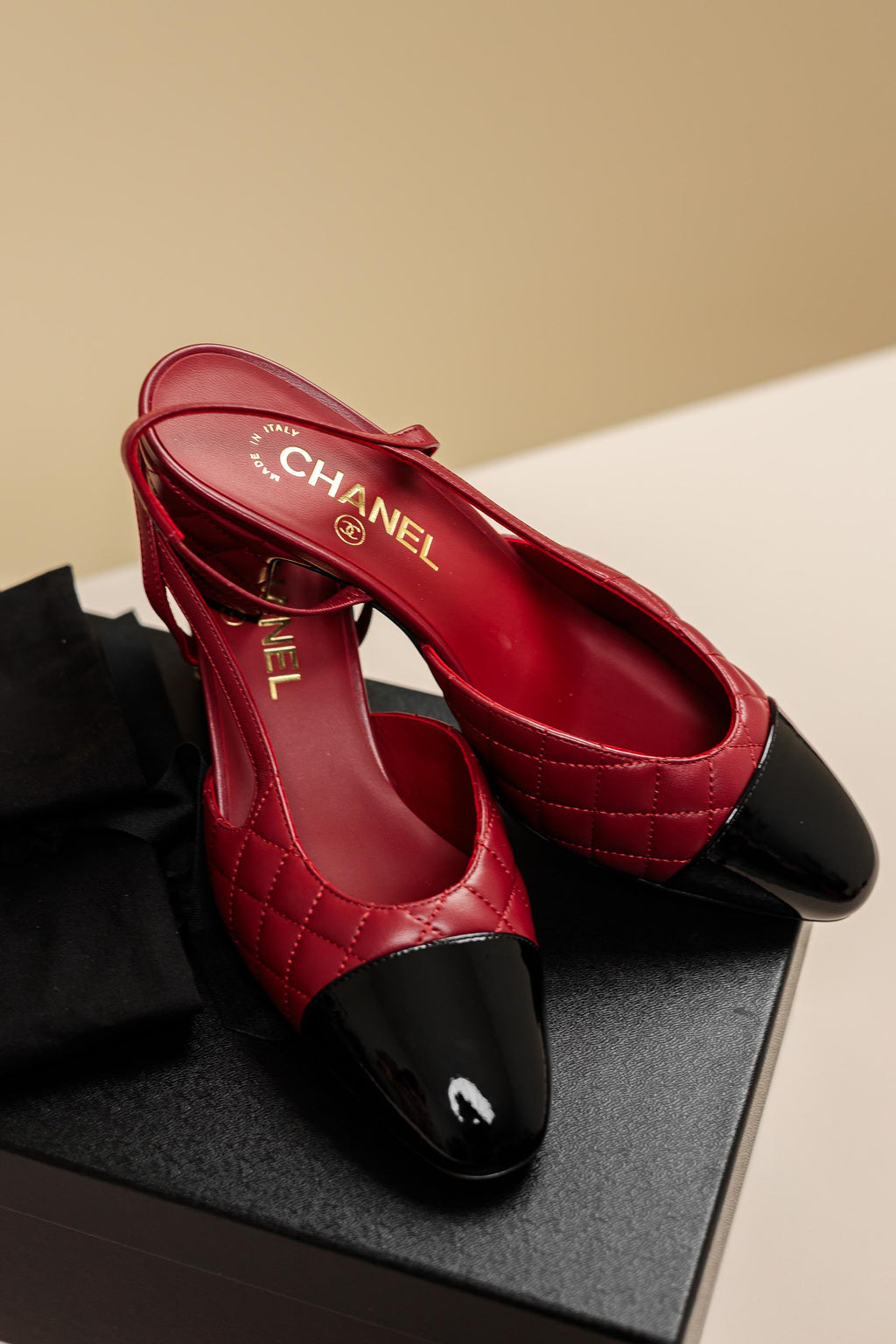 Chanel Quilted Leather Slingback Pumps Red & Black