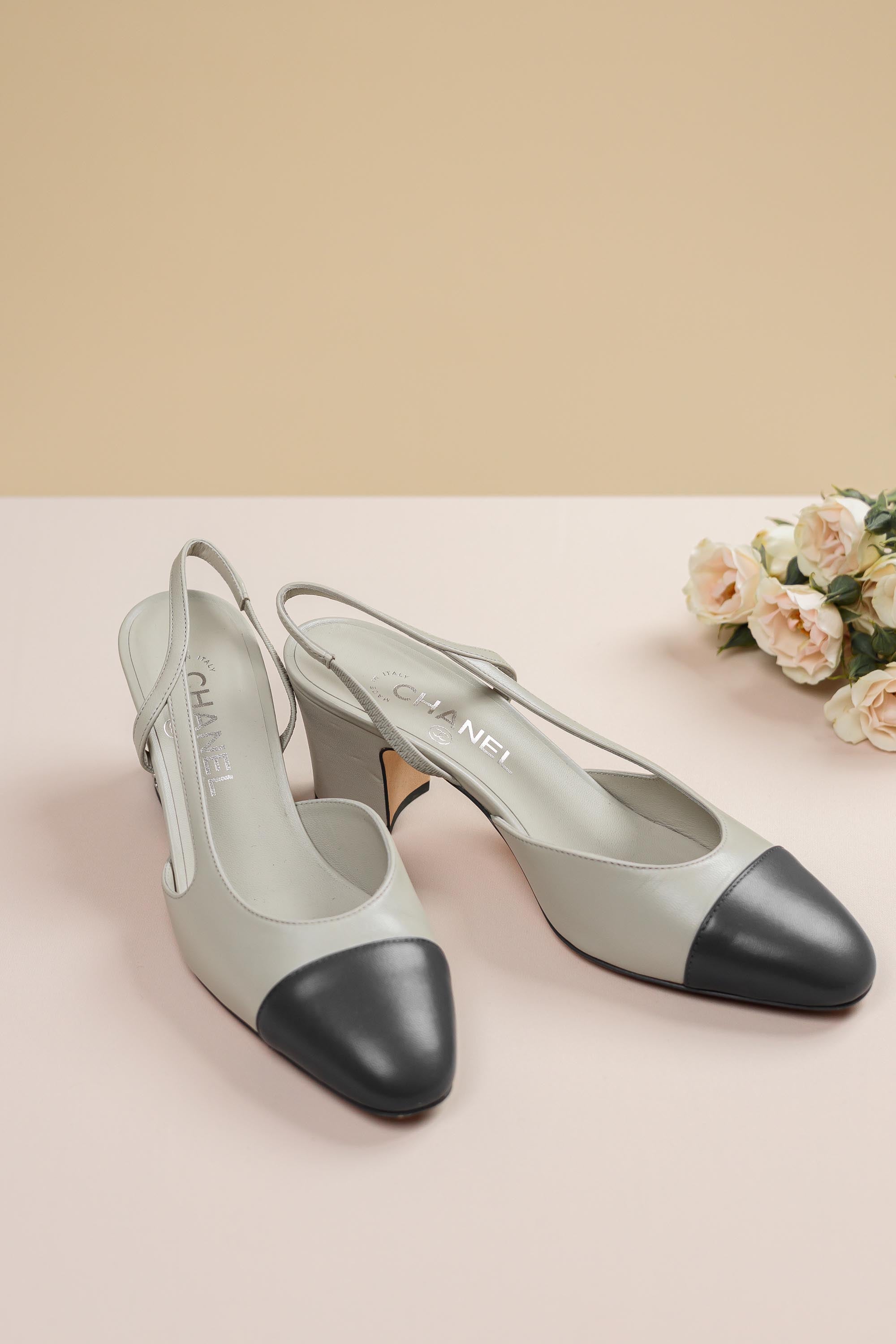 Chanel Leather Slingback Pumps Grey & Black