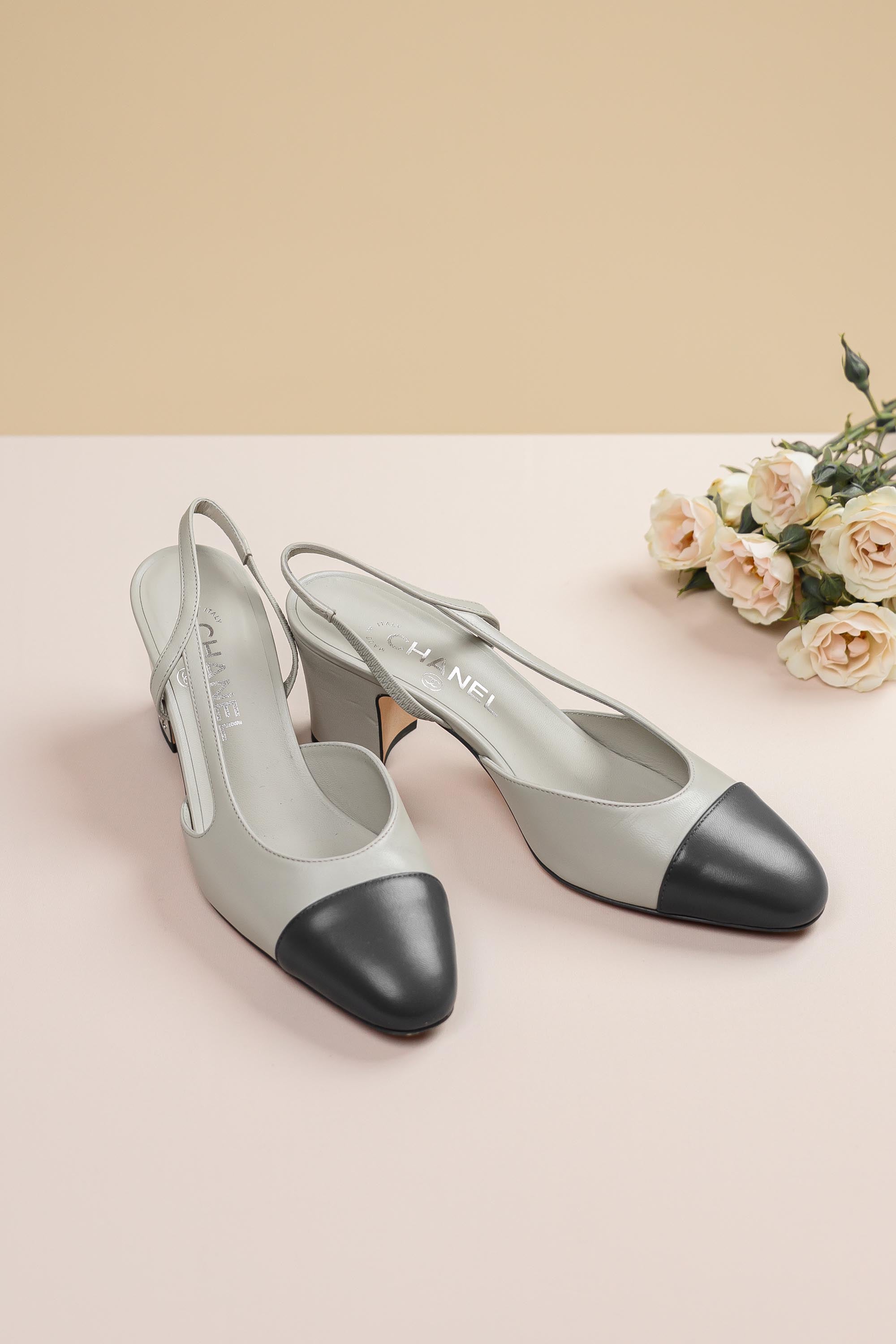 Chanel Leather Slingback Pumps Grey & Black