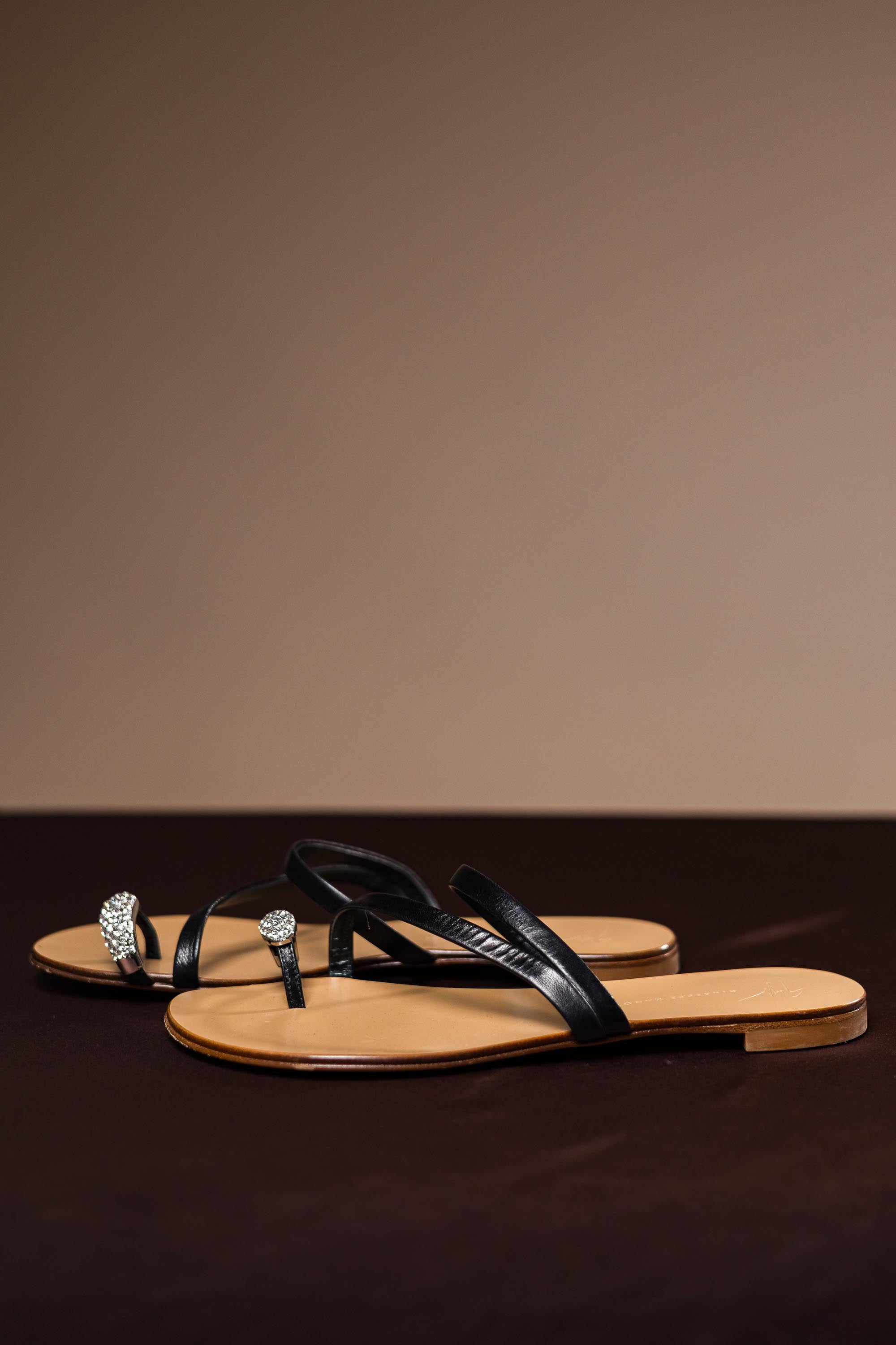 Giuseppe Zanotti Crystal-Embellished Leather T-Strap Flat Sandals Black