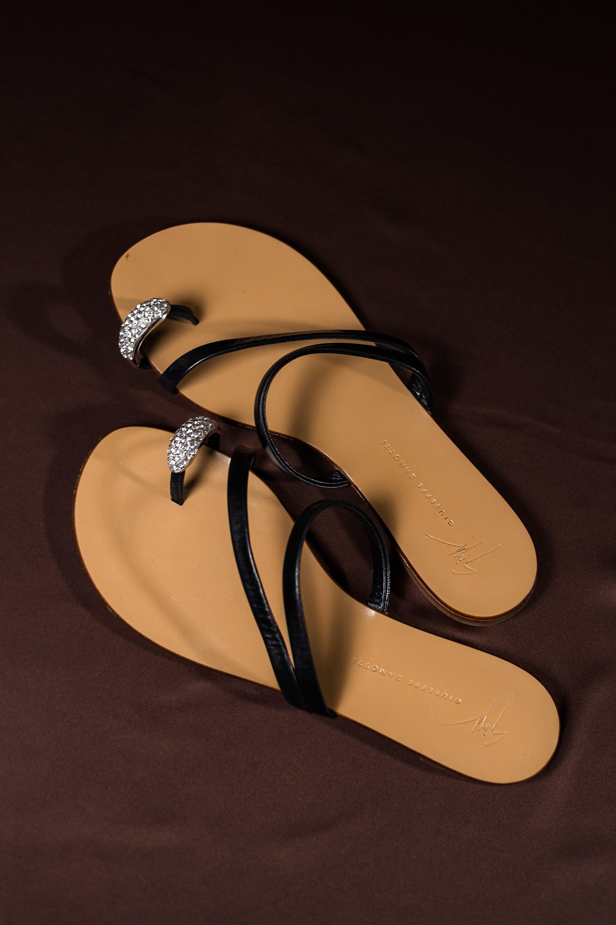 Giuseppe Zanotti Crystal-Embellished Leather T-Strap Flat Sandals Black